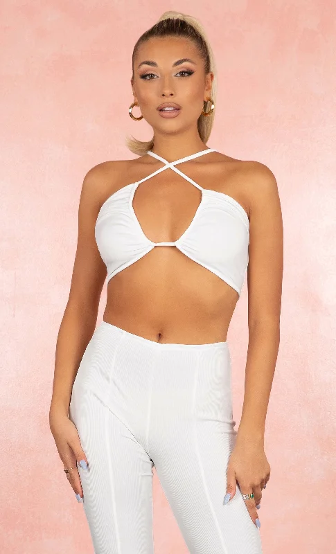 Wild Ways Bralette White Spaghetti Strap Open Front Cut Out Keyhole Cross Neck Lace Up Tie Back Crop Top