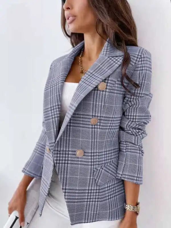 Women’s fitted check double-breasted blazer