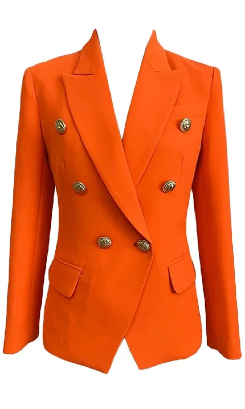 Working Smarter Orange Long Sleeve Gold Button V Neck Lapel Blazer Jacket Outerwear